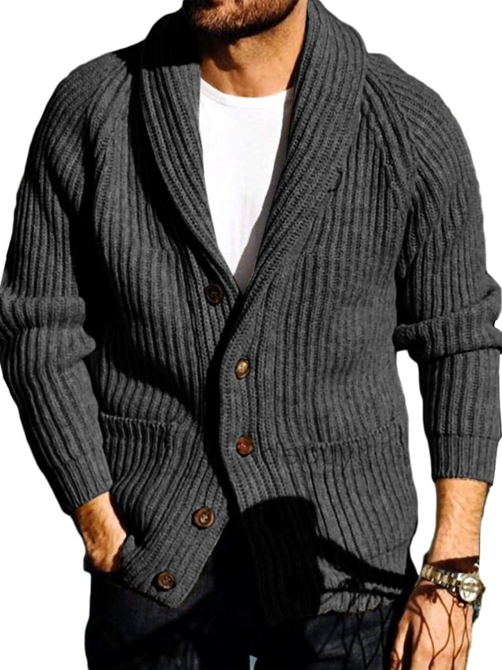 Mens Shawl Collar Cardigan Sweaters Button Down Open Front Knitwear Cable Knitte